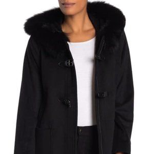 TRINA TURK Genuine FOX FUR Trim Wool Coat BLACK 10